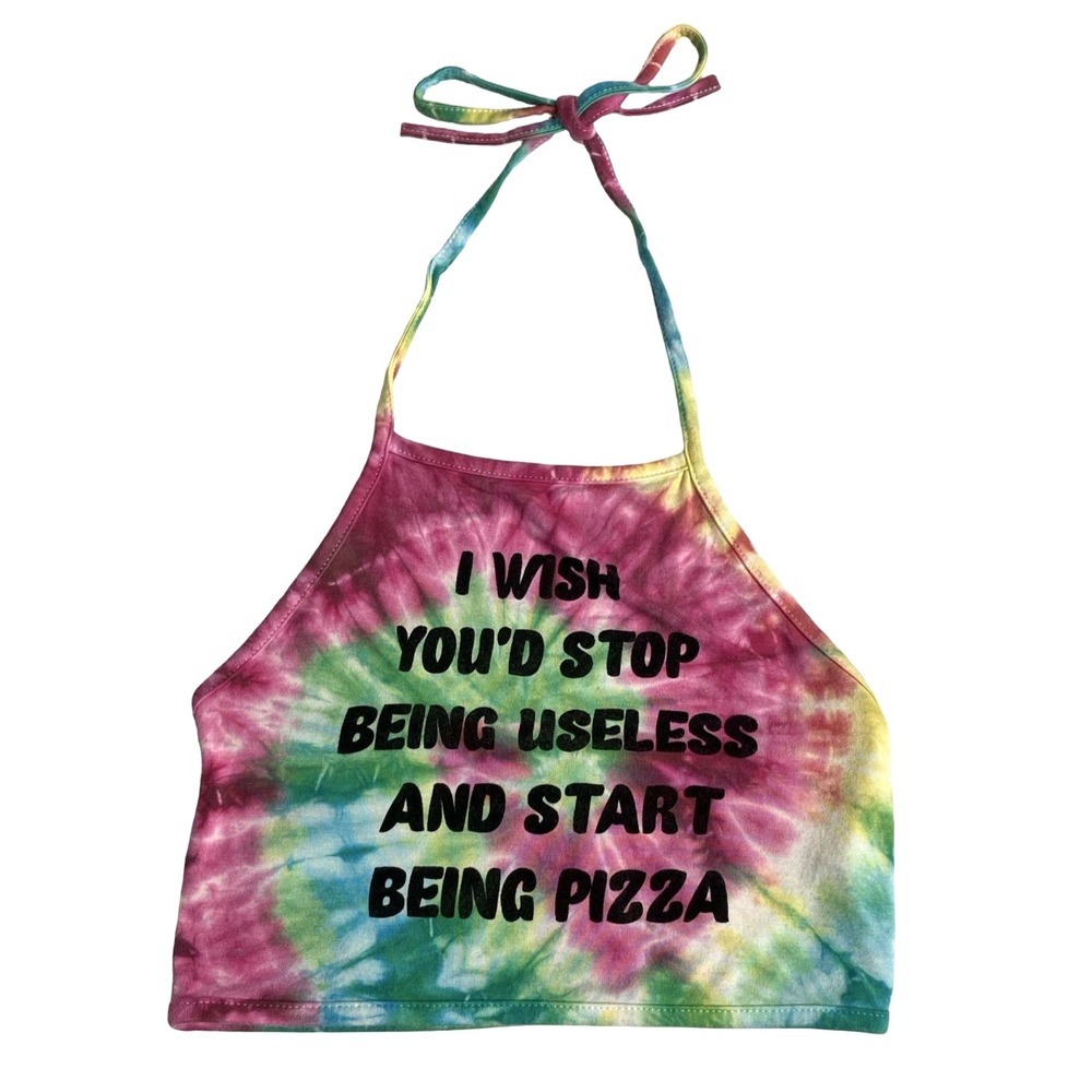 Omighty Halter Crop Top Women Small Tie Dye Graphic Y2K Funny Pizza Meme Graphic